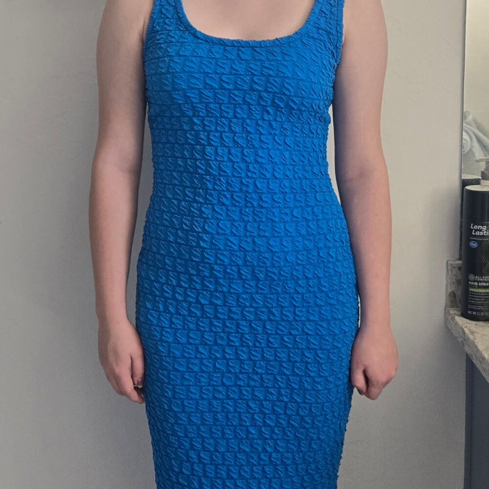 Roselyn Sanchez Blue sleeveless stretch fabric, body-hugging fit. Size M.